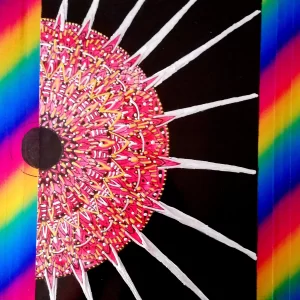 The Black Sun: Original Encaustic Mandala Painting with Rainbow Border