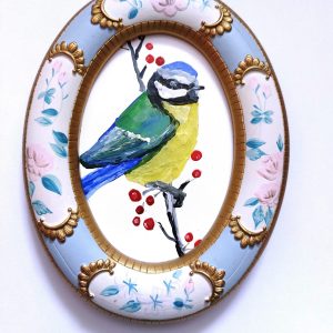 Blue Tit Original Encaustic Wax Painting in a Decorated Oval Frame