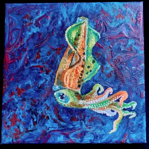 Inky Squid Original Encaustic Wax and Acrylic Paint Pour Painting on Canvas