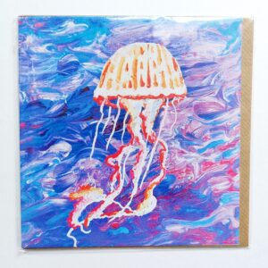 Floating Jellyfish Square Greetings Card with Brown Craft Envelope Blank Inside Encaustic/Paint Pour Print