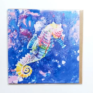 Sailing Seahorse Square Greetings Card with Brown Craft Envelope Blank Inside Encaustic/Paint Pour Print