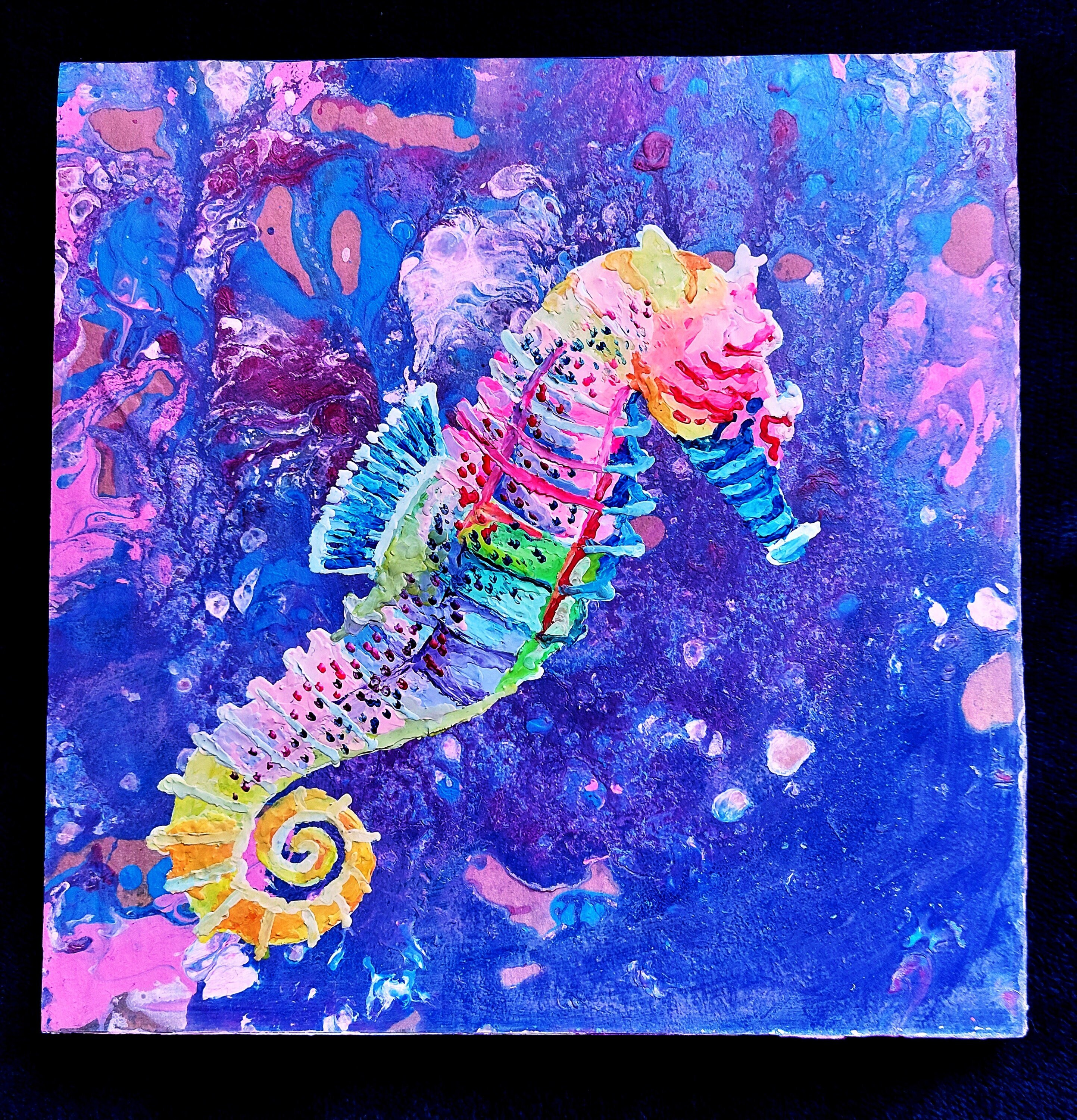 Sailing Seahorse Original Encaustic Wax and Acrylic Paint Pour Painting on Canvas