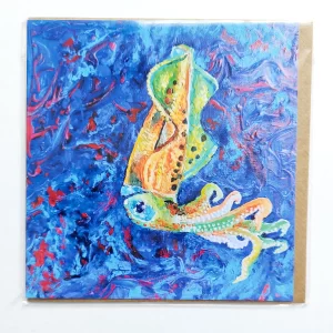 Inky Squid Square Greetings Card with Brown Craft Envelope Blank Inside Encaustic/Paint Pour Print